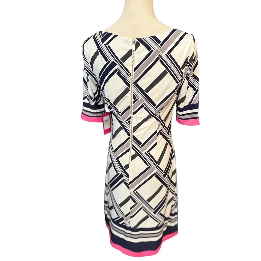 Vince Camuto Ivy Geometric Print Sheath Dress Navy‎ White Pink Size 4 Lined NWT